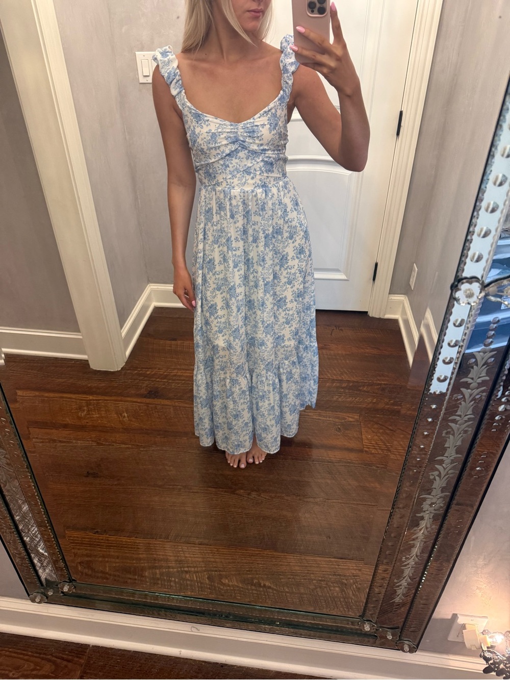 Altar'd State Light Blue Floral Ruffle Strap Maxi Dress